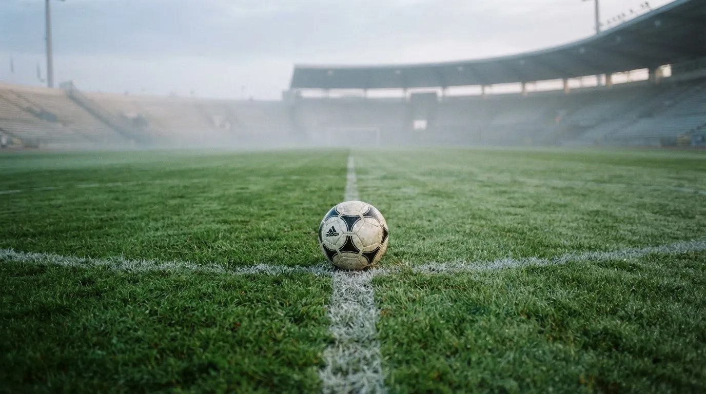 Ein Fußball liegt auf dem Mittelkreis eines leeren Rasenplatzes am frühen Morgen, im Hintergrund eine ferne Tribüne im Dunst.