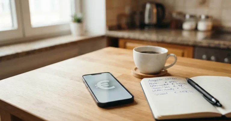 Ein Smartphone mit dunklem Display liegt neben einer Kaffeetasse und einigen Münzen auf einem hellen Holztisch, weiches Tageslicht fällt von links.