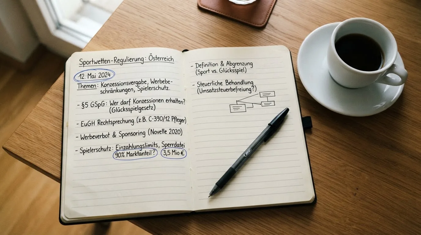 Ein Notizbuch mit handschriftlichen Notizen und ein Kugelschreiber liegen auf einem Schreibtisch neben einer Tasse, Blick schräg von oben.