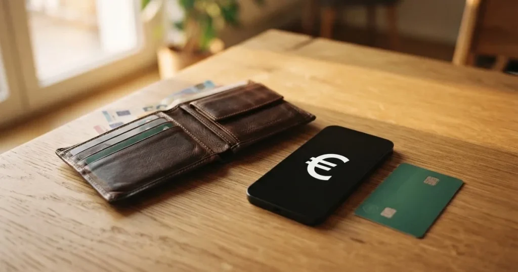 Ein Portemonnaie aus Leder liegt geöffnet auf einem Holztisch neben einem Smartphone mit dunklem Display, Fensterlicht fällt von der Seite.
