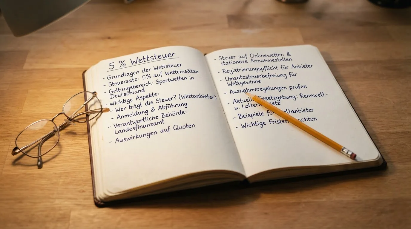 Ein aufgeschlagenes Notizbuch mit handschriftlichen Notizen liegt neben einem Bleistift auf einem Schreibtisch, daneben eine Brille.