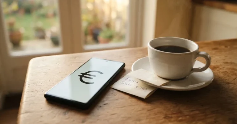 Eine Handvoll Münzen liegt neben einer Kaffeetasse auf einem Küchentisch, im Hintergrund unscharf ein Fenster mit Morgenlicht.
