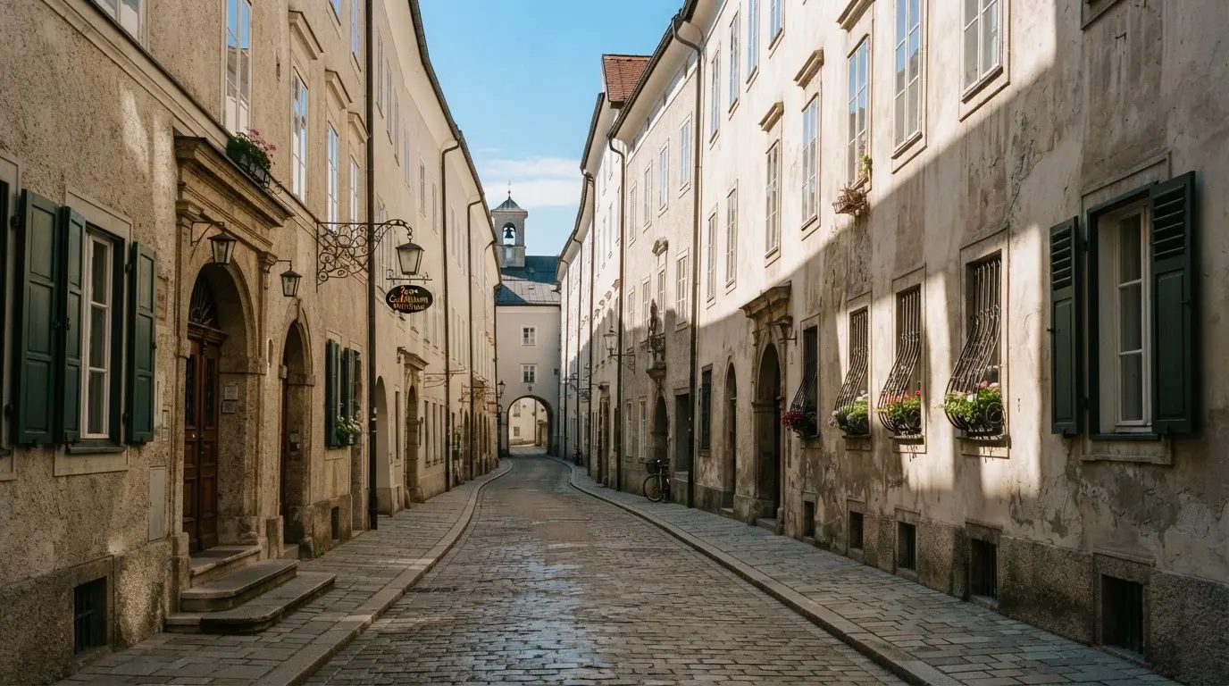 Ein ruhiger Straßenzug in einer Altstadt am Vormittag, helle Fassaden, keine Schilder, niemand ist zu sehen.