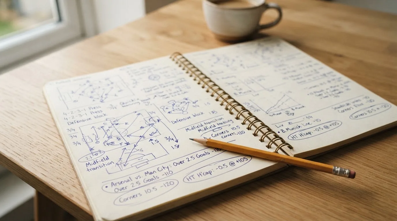 Ein aufgeschlagenes Notizbuch mit handschriftlichen Skizzen und Pfeilen liegt neben einem Bleistift auf einem Holztisch, Tageslicht fällt von der Seite.