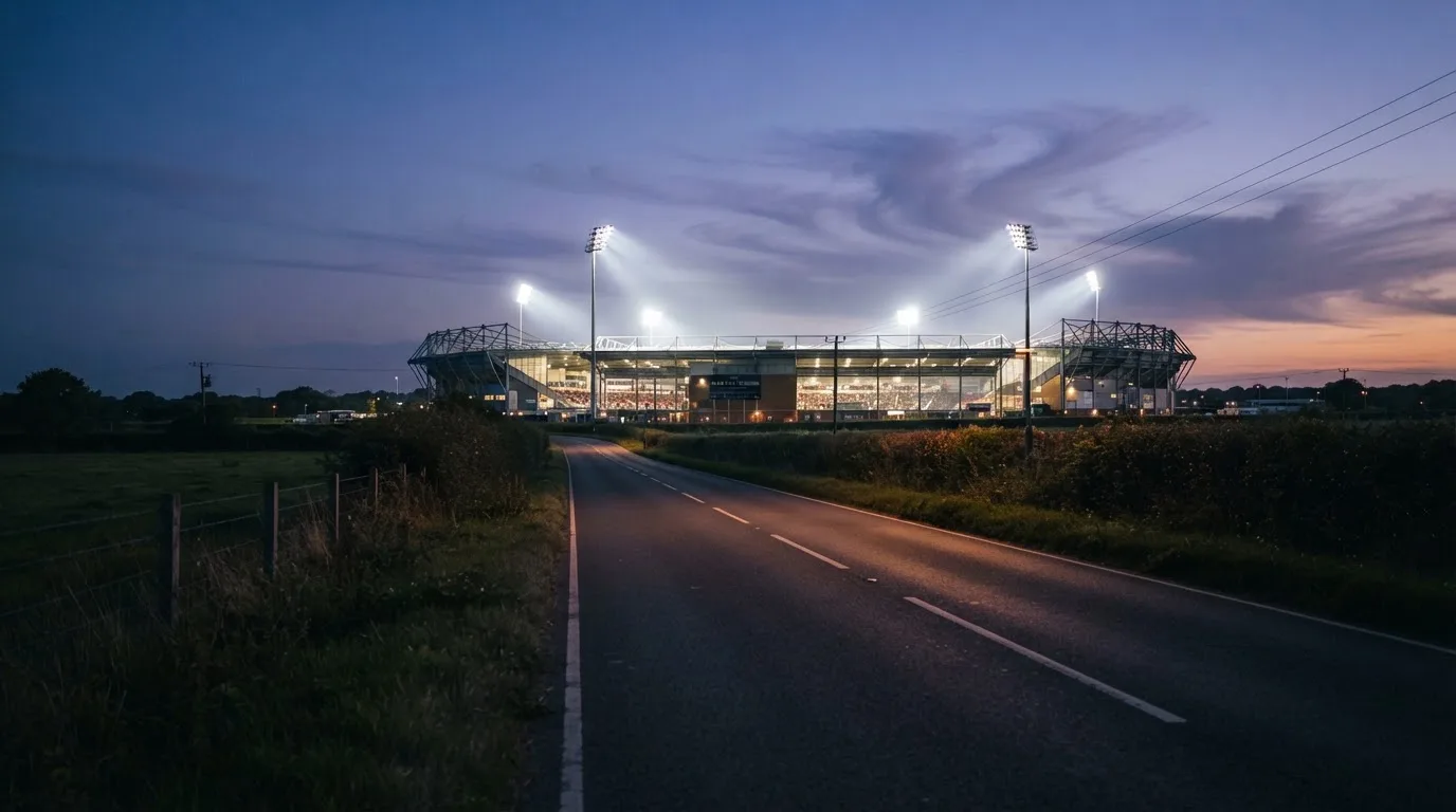 Ein Flutlichtstadion erhebt sich bei Dämmerung in der Ferne hinter einer leeren Landstraße, die Lichter sind eingeschaltet.