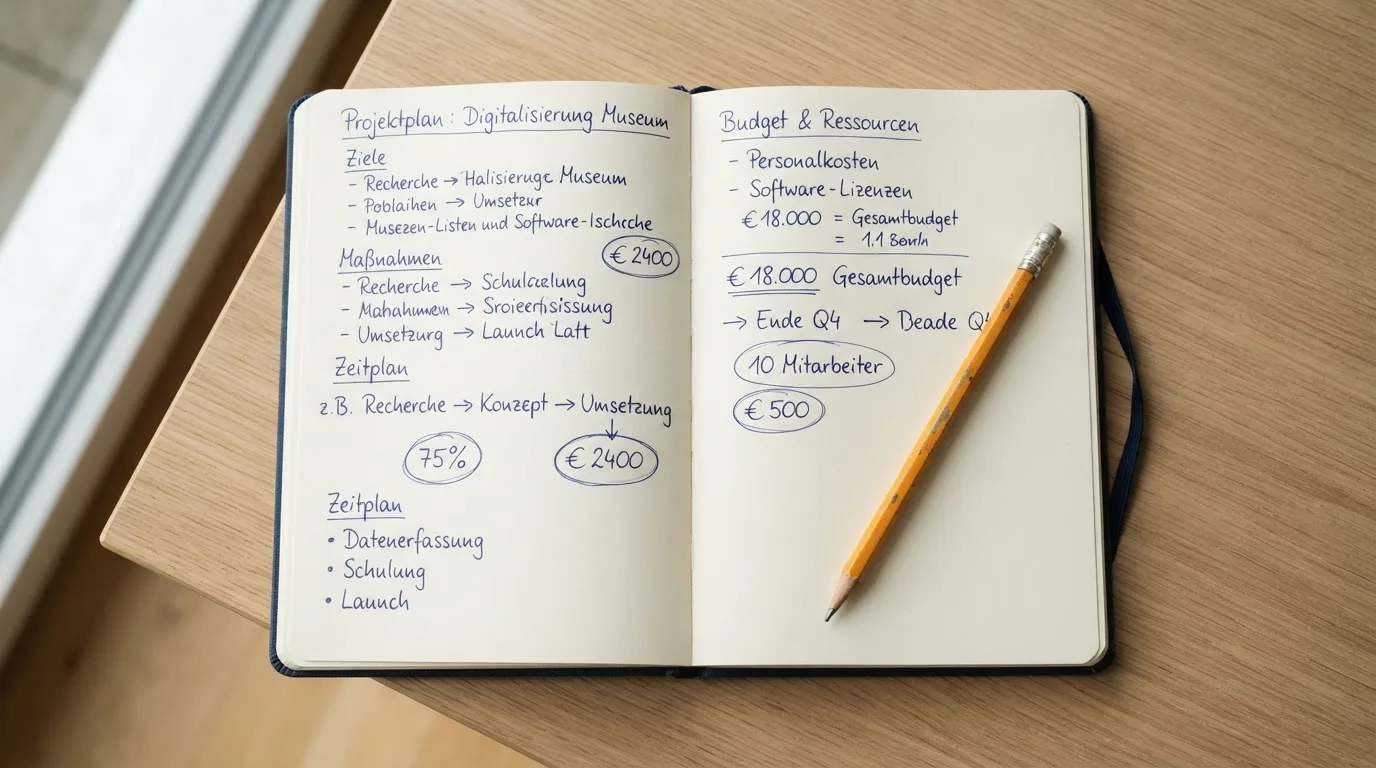 Ein aufgeschlagenes Notizbuch mit handschriftlichen Notizen und Pfeilen liegt neben einem Bleistift auf einem Holztisch, Tageslicht von links.