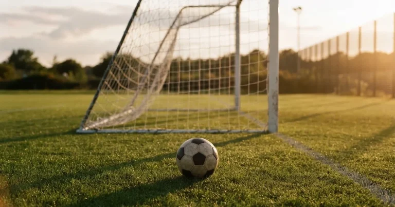 Ein Fußball liegt vor einem leeren Tor auf dem Rasen, das Netz hängt unbewegt, im Hintergrund ein verschwommener Zaun in warmem Abendlicht.