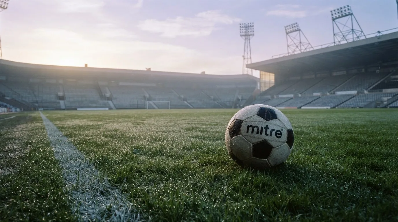 Ein Fußball liegt auf dem Rasen vor einer leeren Tribüne am frühen Morgen, Tau glänzt auf dem Gras.