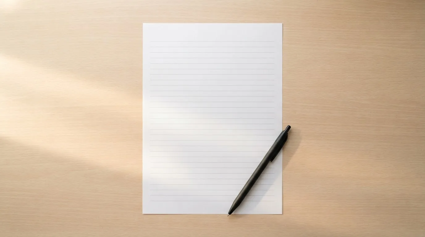 Ein leerer Papier-Wettschein ohne Aufdruck liegt neben einem Kugelschreiber auf einem hellen Tresen, weiches Seitenlicht.