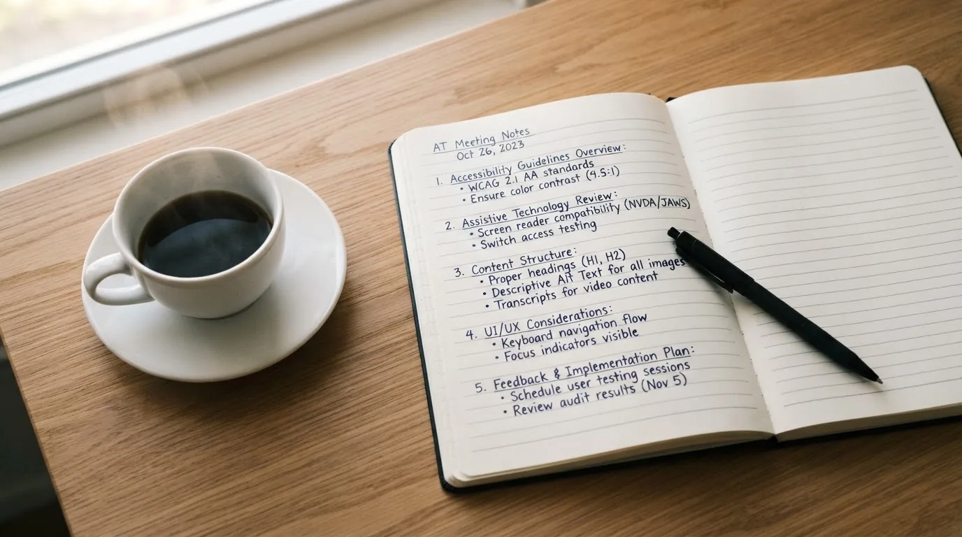 Ein Notizbuch mit handschriftlichen Notizen und ein Kugelschreiber liegen auf einem Schreibtisch neben einer Tasse, Blick schräg von oben.
