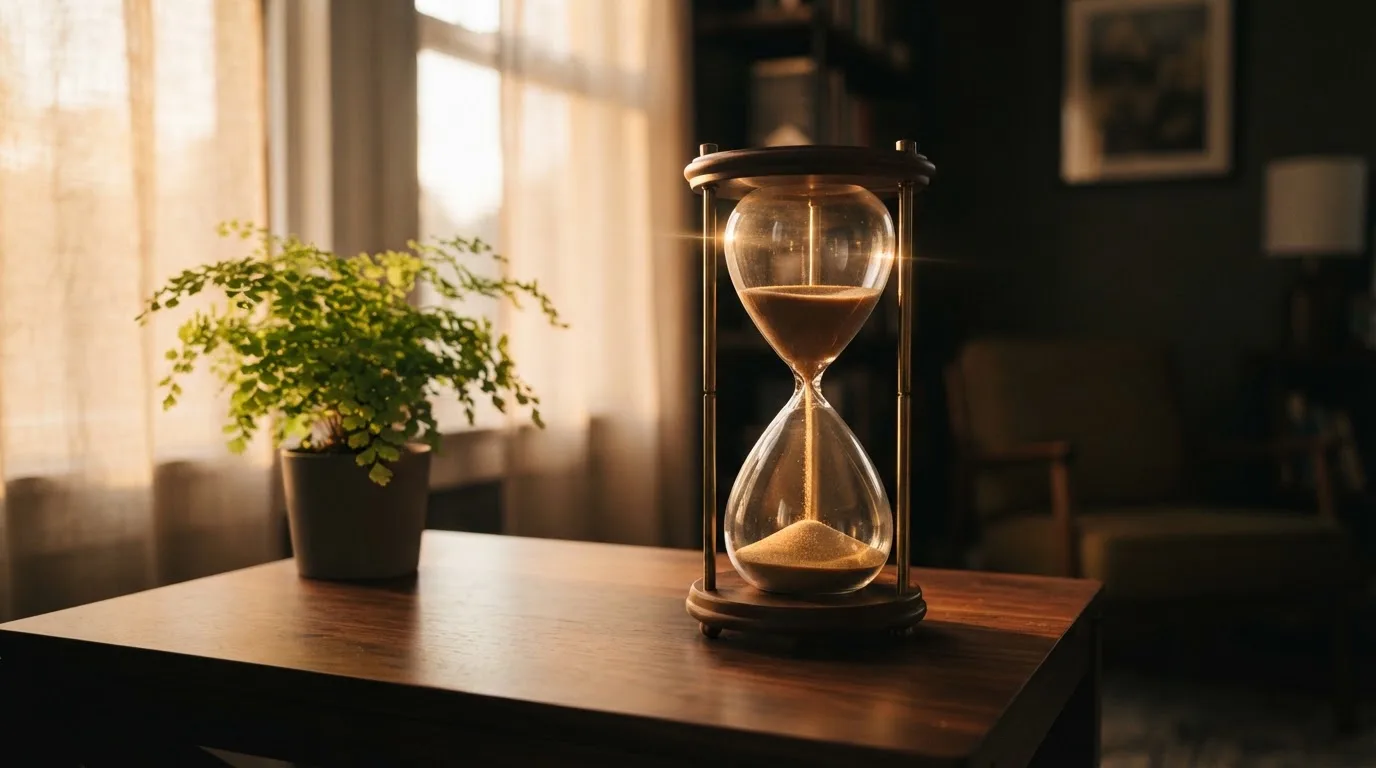 Eine Sanduhr steht auf einem Holztisch neben einer Zimmerpflanze, im Hintergrund unscharf ein Fenster mit Abendlicht.