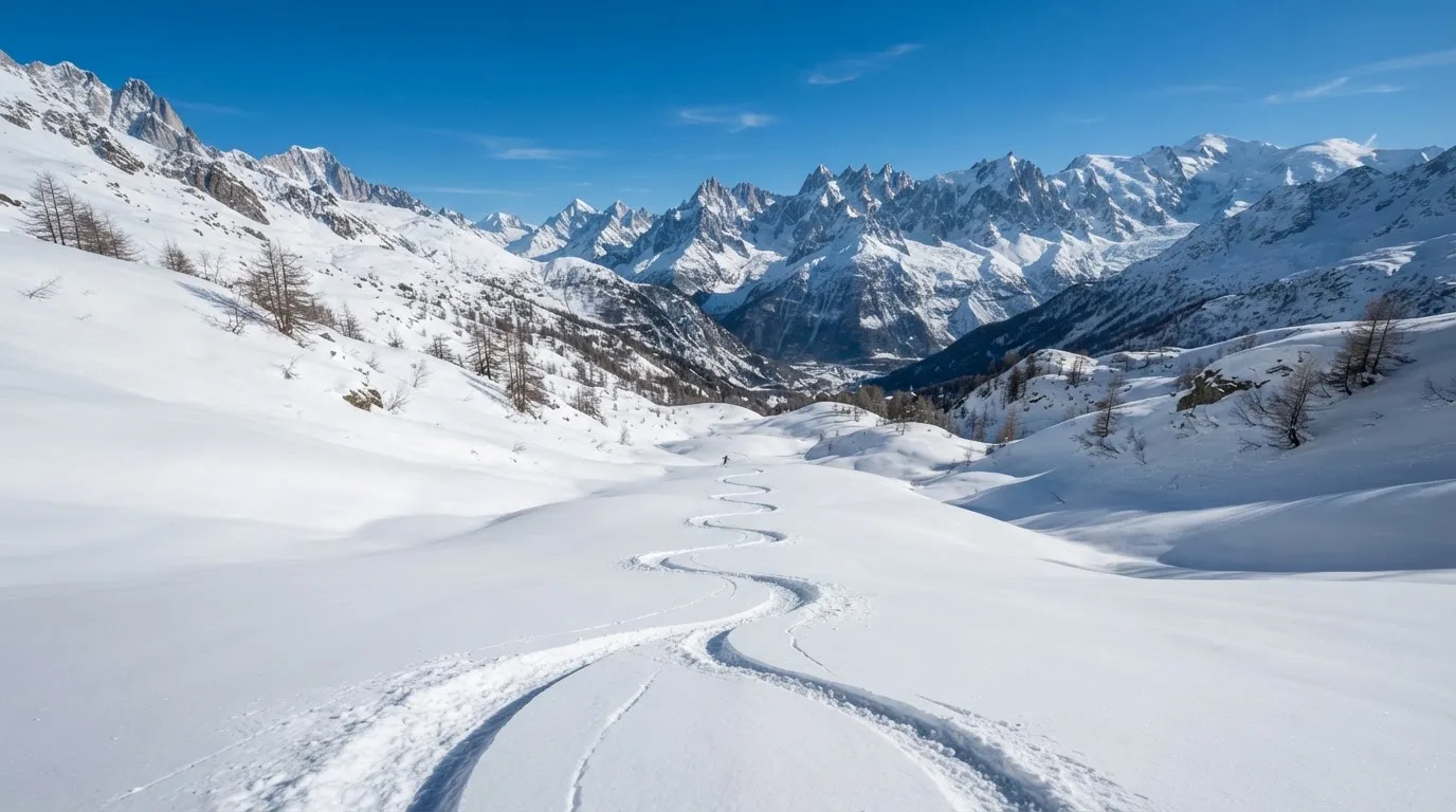 Eine Skipiste im klaren Winterlicht mit Spuren im Tiefschnee, ohne Menschen, Berge im Hintergrund.