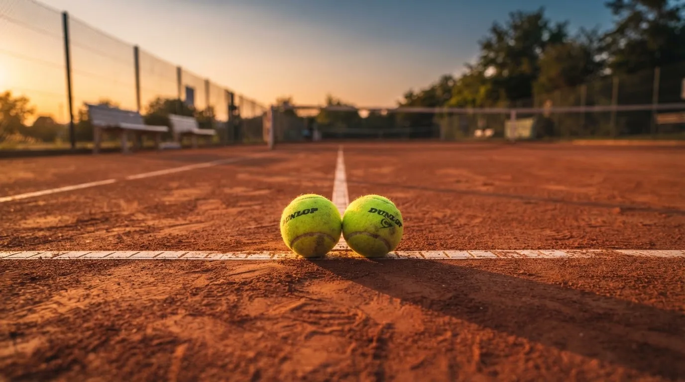 Zwei Tennisbälle liegen auf der Linie eines leeren Sandplatzes, Aufnahme aus geringer Höhe bei tiefstehender Sonne.