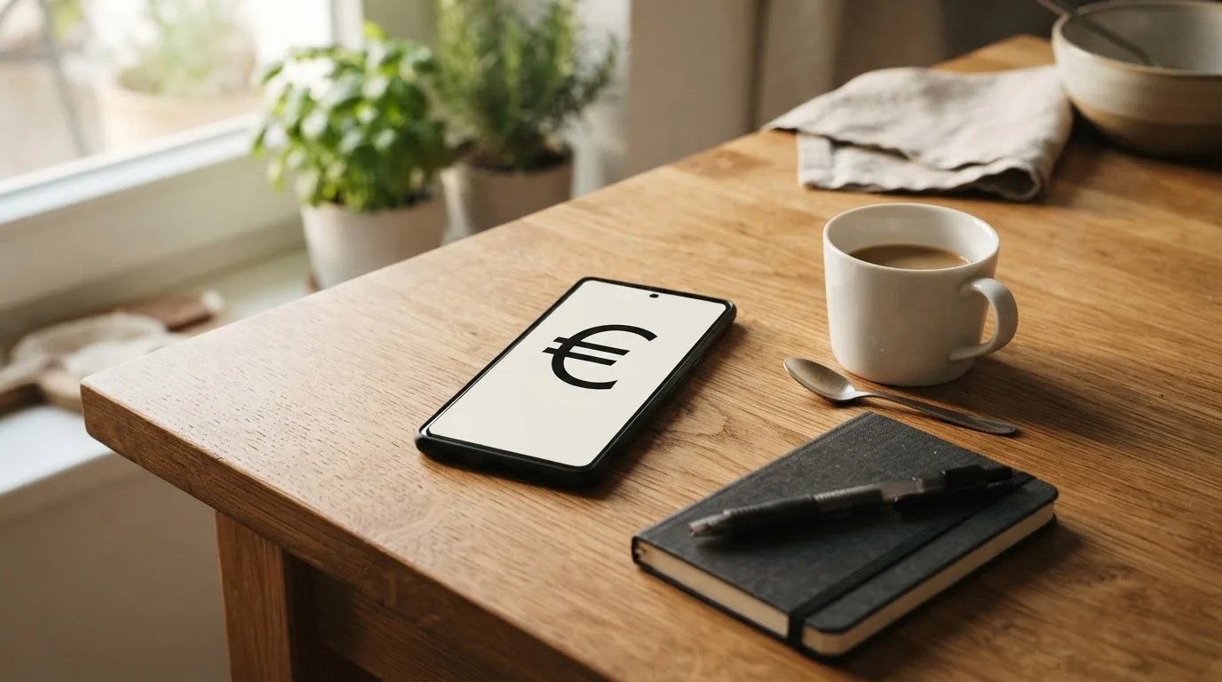 Ein Smartphone mit dunklem Display liegt neben einer Kaffeetasse und einigen Münzen auf einem Holztisch, Morgenlicht.