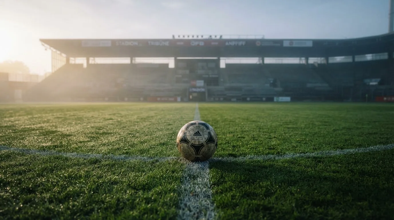 Ein Fußball liegt auf dem Anstoßpunkt eines leeren Rasenplatzes im Morgendunst, im Hintergrund eine ferne Tribüne.