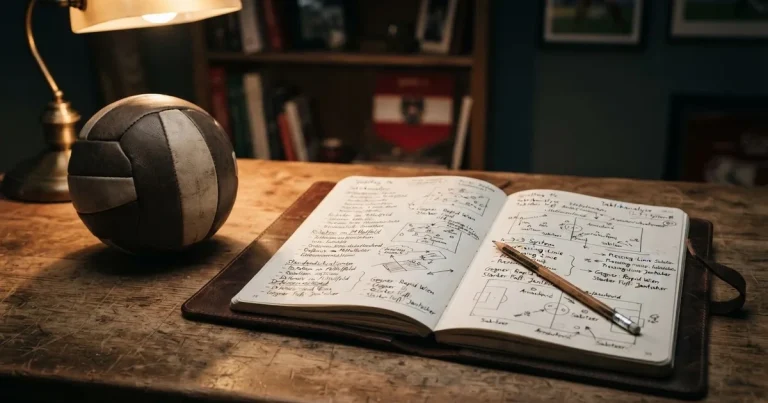 Ein Notizbuch mit handschriftlichen Notizen und kleinen Skizzen liegt aufgeschlagen neben einem Bleistift auf einem Schreibtisch, daneben ein Fußball.