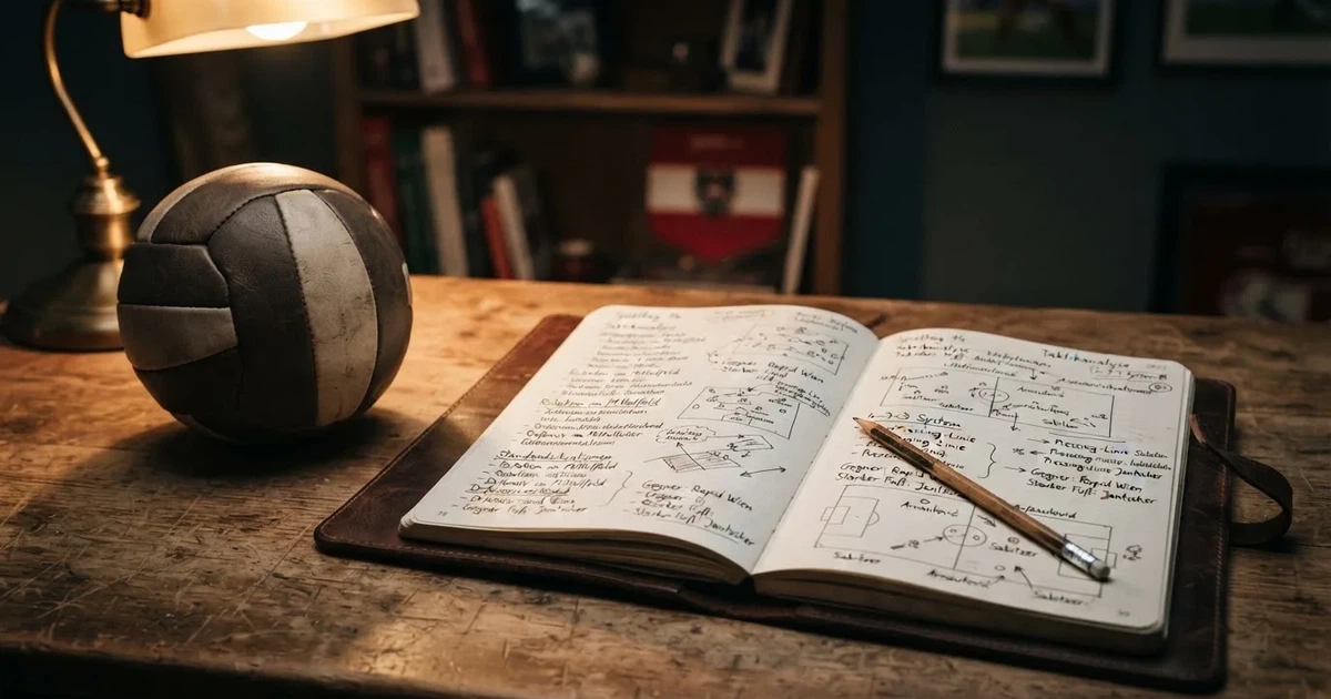 Ein Notizbuch mit handschriftlichen Notizen und kleinen Skizzen liegt aufgeschlagen neben einem Bleistift auf einem Schreibtisch, daneben ein Fußball.