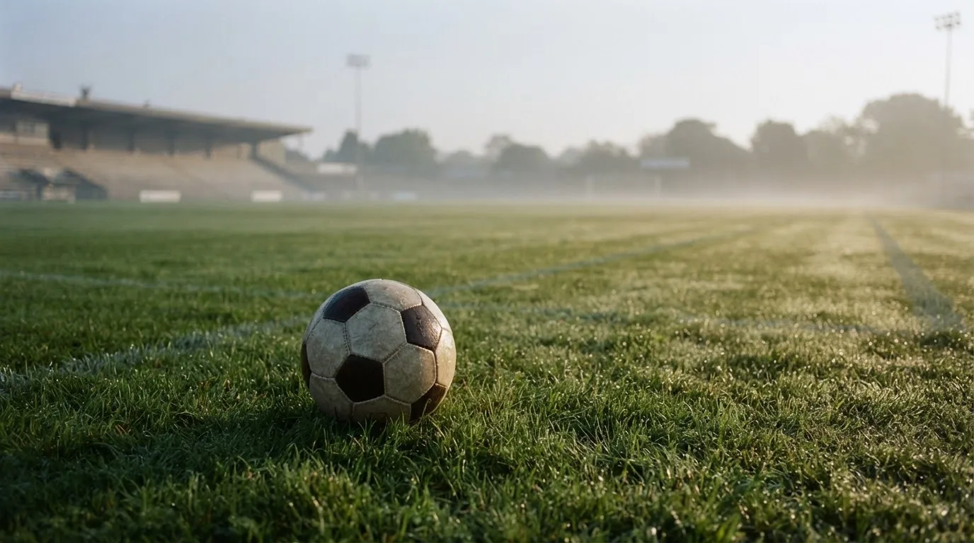 Ein Fußball liegt auf einem Rasenplatz, im Hintergrund eine ferne Tribüne im Morgendunst, Tau glänzt im Gras.
