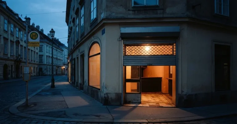 Ein hell erleuchtetes Ladenlokal ohne Beschriftung an einer Straßenecke bei Dämmerung, das Rollo ist halb geöffnet, niemand ist zu sehen.
