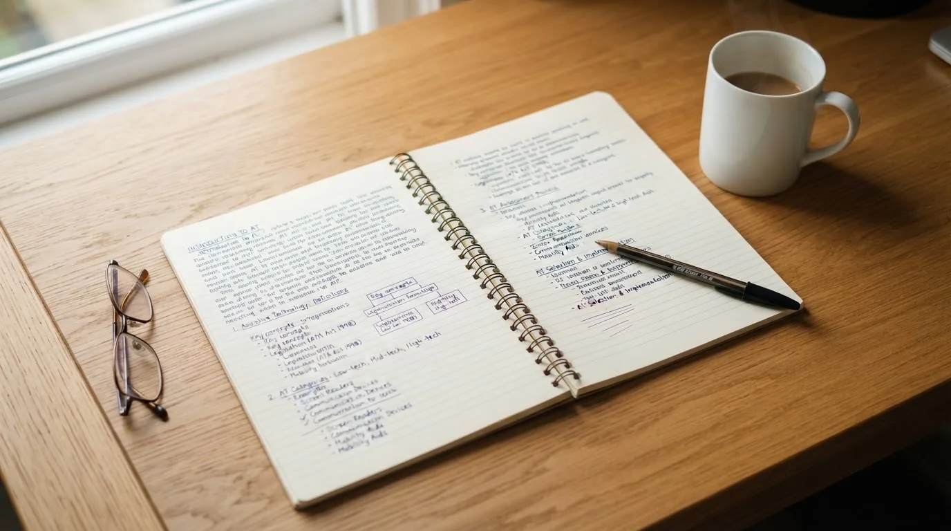 Ein Notizbuch mit handschriftlichen Notizen und ein Kugelschreiber liegen auf einem Schreibtisch neben einer Tasse, Blick schräg von oben.