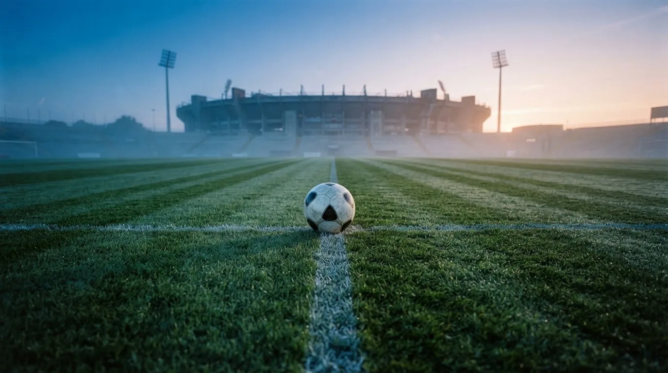 Ein Fußball liegt auf dem Mittelkreis eines leeren Rasenplatzes am frühen Morgen, im Hintergrund eine ferne Tribüne im Dunst.