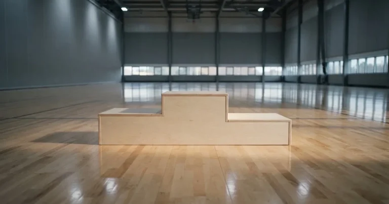 Ein Podium aus hellem Holz steht in einer leeren Sporthalle unter Hallenlicht, ohne Beschriftung oder Zahlen, niemand ist zu sehen.