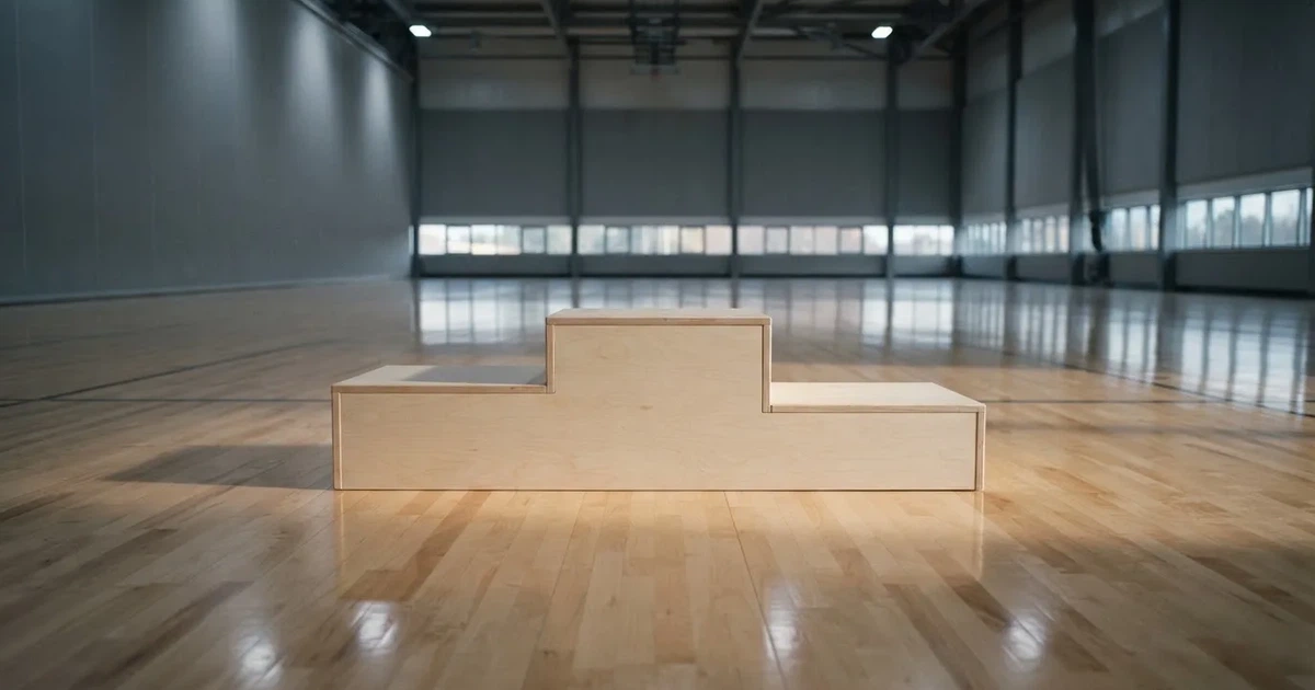 Ein Podium aus hellem Holz steht in einer leeren Sporthalle unter Hallenlicht, ohne Beschriftung oder Zahlen, niemand ist zu sehen.
