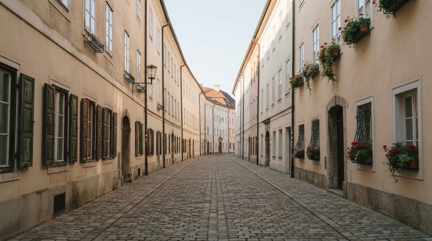 Ein ruhiger Straßenzug in einer Altstadt am Vormittag, helle Fassaden, keine Schilder, niemand ist zu sehen.