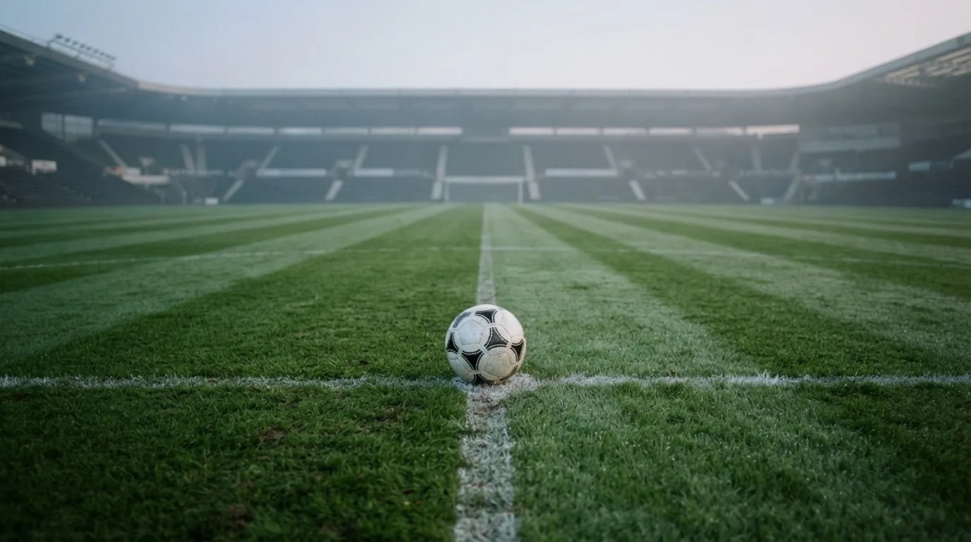 Ein Fußball liegt auf dem Mittelkreis eines leeren Rasenplatzes am frühen Morgen, im Hintergrund eine ferne Tribüne im Dunst.