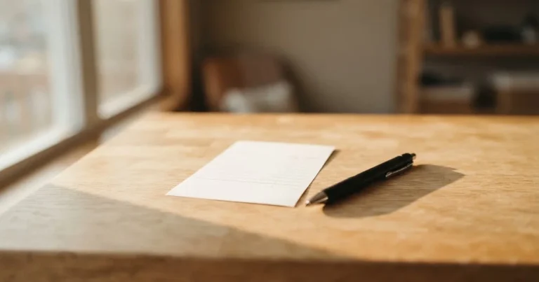 Ein leerer Papier-Wettschein ohne Aufdruck liegt neben einem Kugelschreiber auf einem hellen Tresen, weiches Seitenlicht.