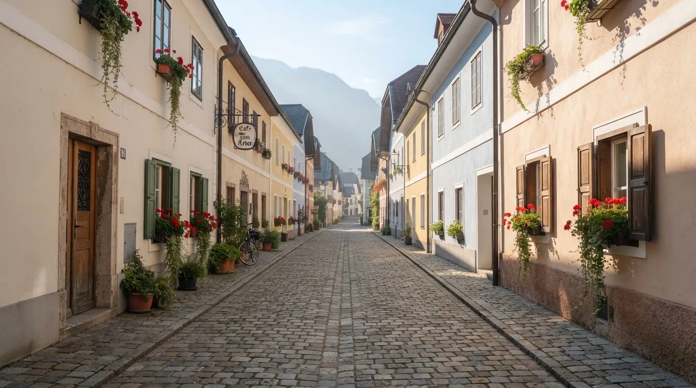 Ein ruhiger Straßenzug in einer Altstadt am Vormittag, helle Fassaden, keine Schilder, niemand ist zu sehen.