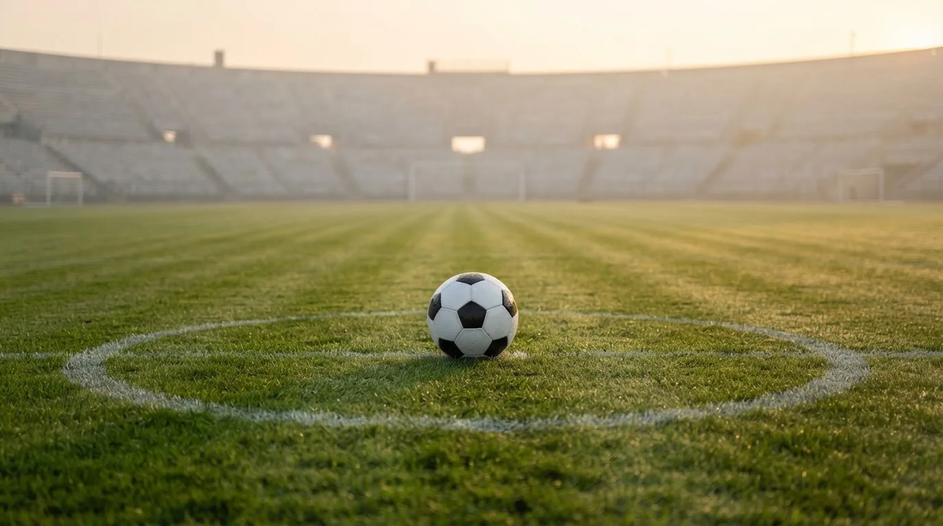 Ein Fußball liegt auf dem Mittelkreis eines leeren Rasenplatzes am frühen Morgen, im Hintergrund eine ferne Tribüne im Dunst.