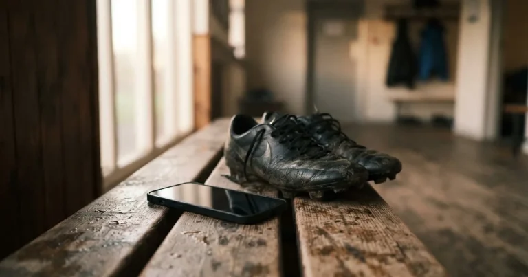 Ein Smartphone mit dunklem Display liegt auf einer Holzbank neben einem Paar Fußballschuhen, Morgenlicht fällt durch ein Fenster.