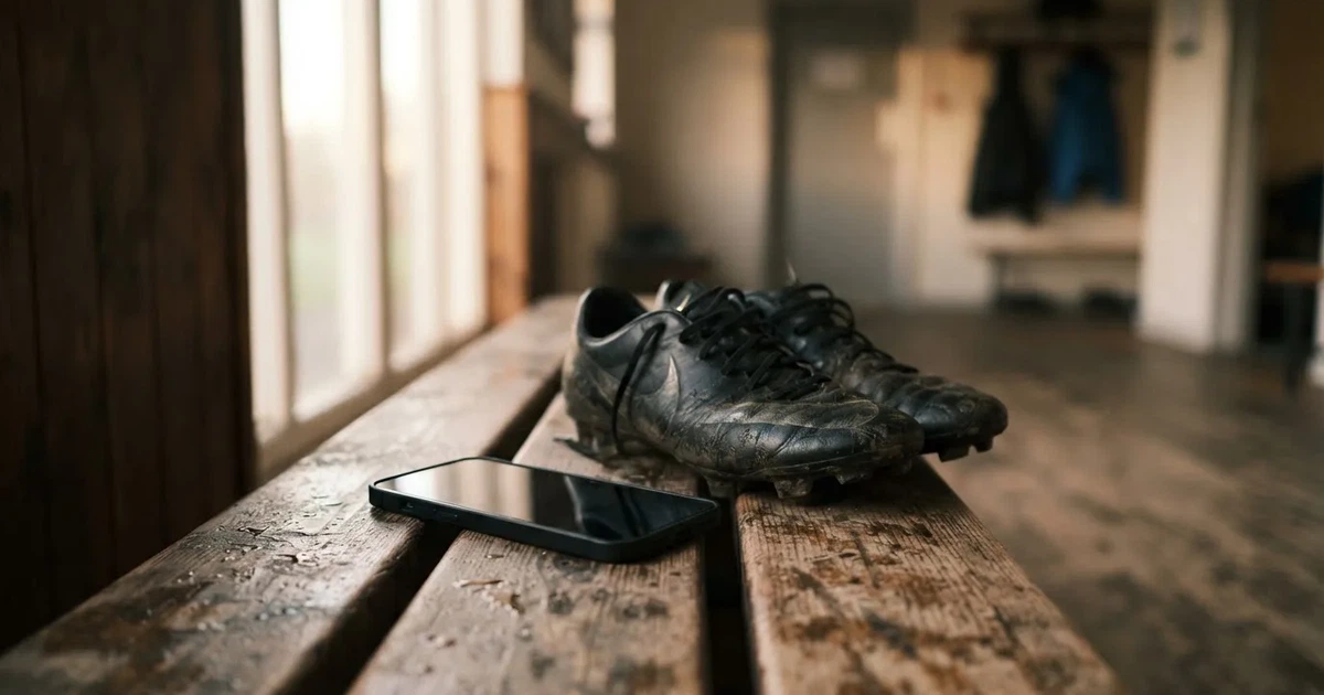 Ein Smartphone mit dunklem Display liegt auf einer Holzbank neben einem Paar Fußballschuhen, Morgenlicht fällt durch ein Fenster.