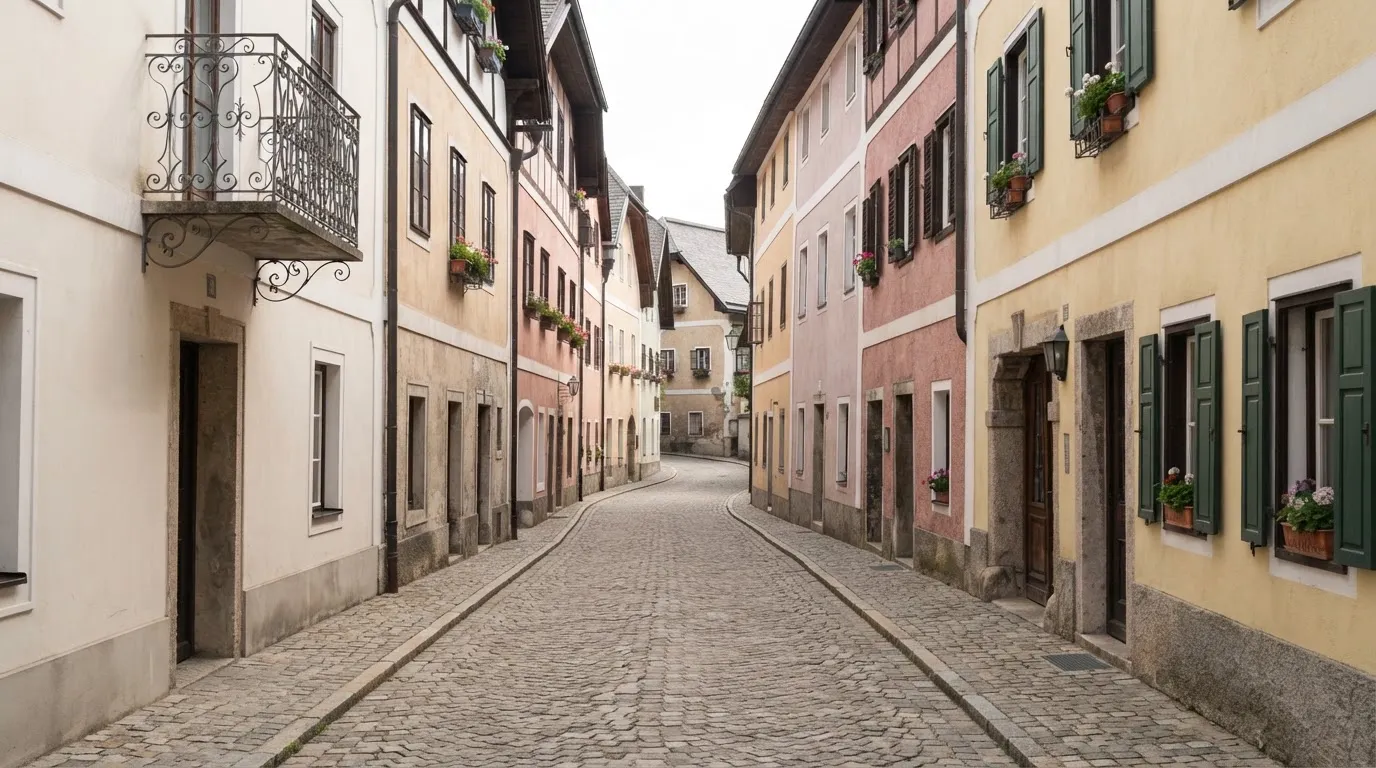Ein ruhiger Straßenzug in einer Altstadt am Vormittag, helle Fassaden, keine Schilder, niemand ist zu sehen.
