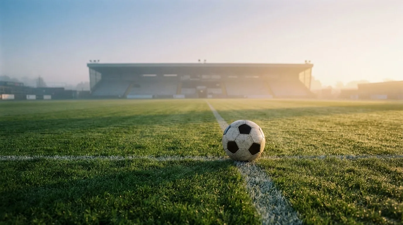 Ein Fußball liegt auf dem Mittelkreis eines leeren Rasenplatzes am frühen Morgen, im Hintergrund eine ferne Tribüne im Dunst.