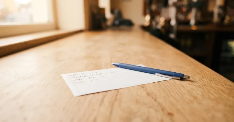 Ein leerer Papier-Wettschein ohne Aufdruck liegt neben einem Kugelschreiber auf einem hellen Tresen, weiches Seitenlicht.