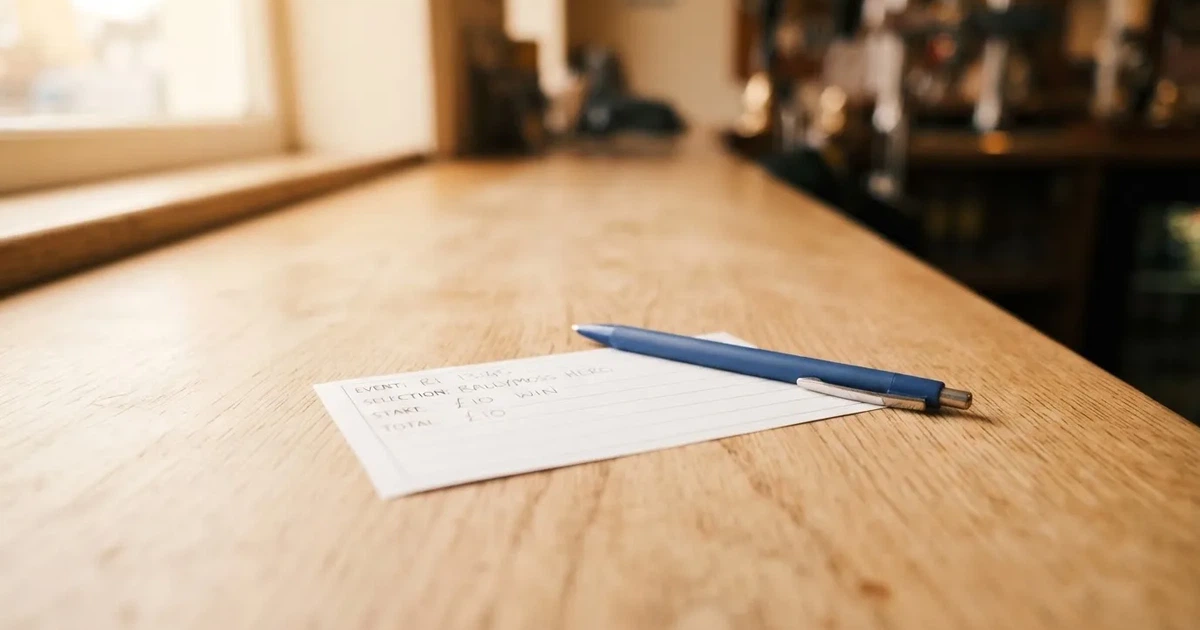 Ein leerer Papier-Wettschein ohne Aufdruck liegt neben einem Kugelschreiber auf einem hellen Tresen, weiches Seitenlicht.