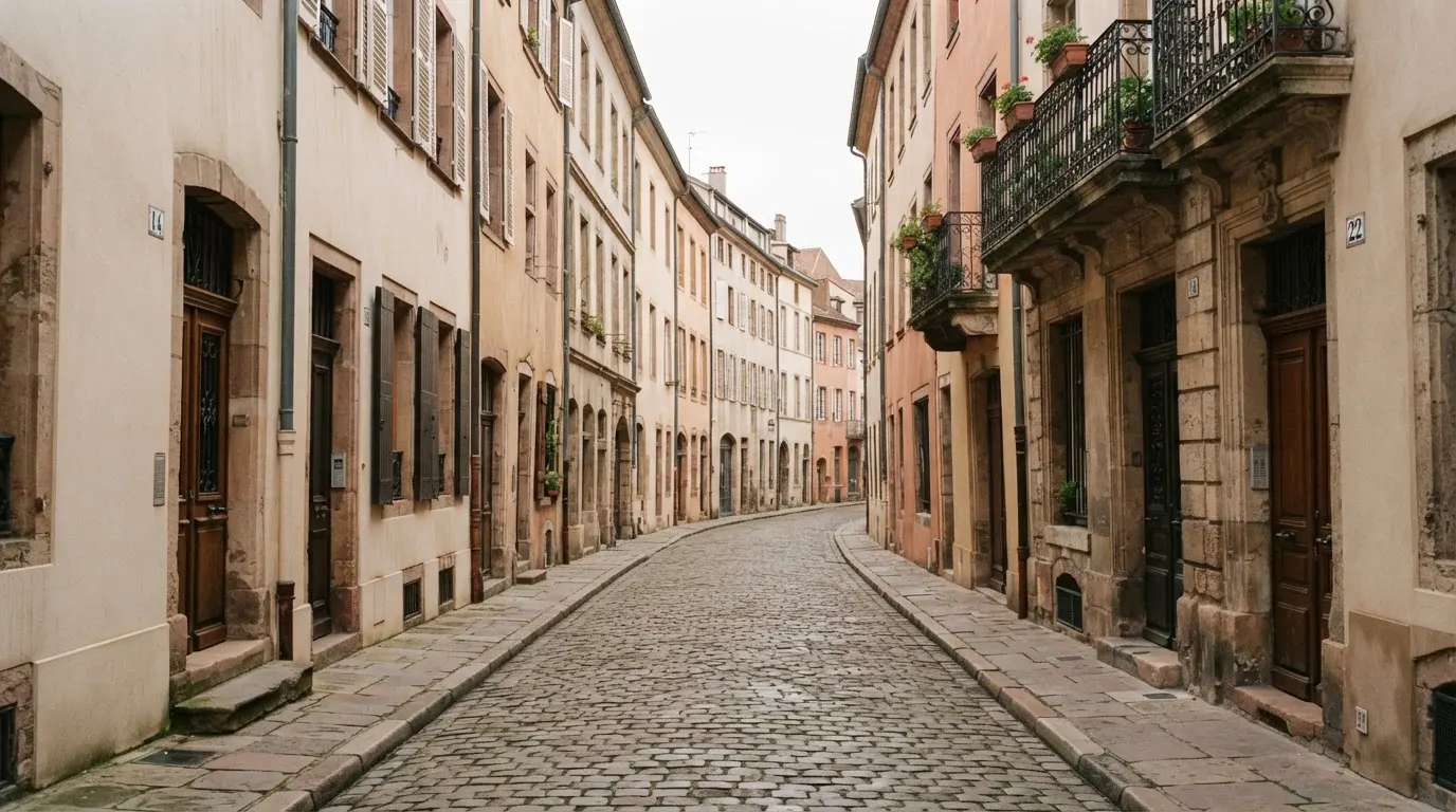 Ein ruhiger Straßenzug in einer Altstadt am Vormittag, helle Fassaden, keine Schilder, niemand ist zu sehen.