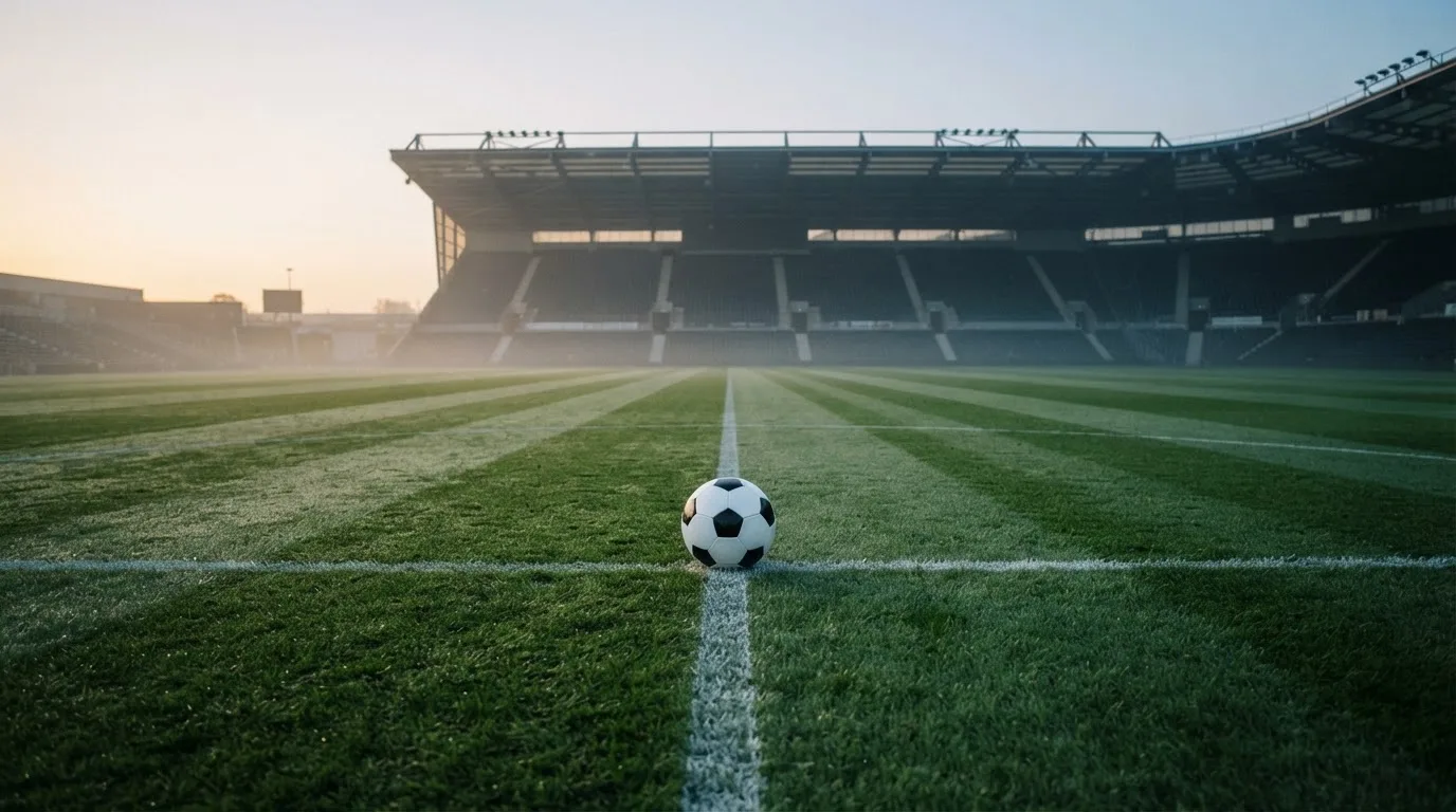 Ein Fußball liegt auf dem Mittelkreis eines leeren Rasenplatzes am frühen Morgen, im Hintergrund eine ferne Tribüne im Dunst.