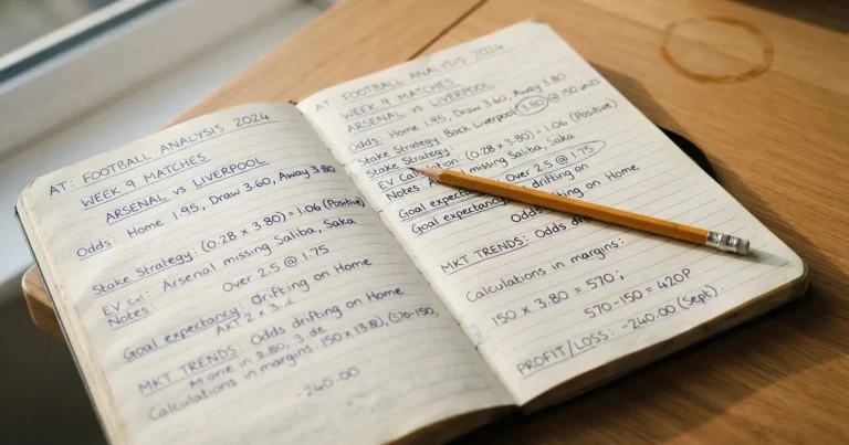 Ein Notizbuch mit handschriftlichen Notizen und kleinen Skizzen liegt aufgeschlagen neben einem Bleistift auf einem Schreibtisch, Fensterlicht von links.