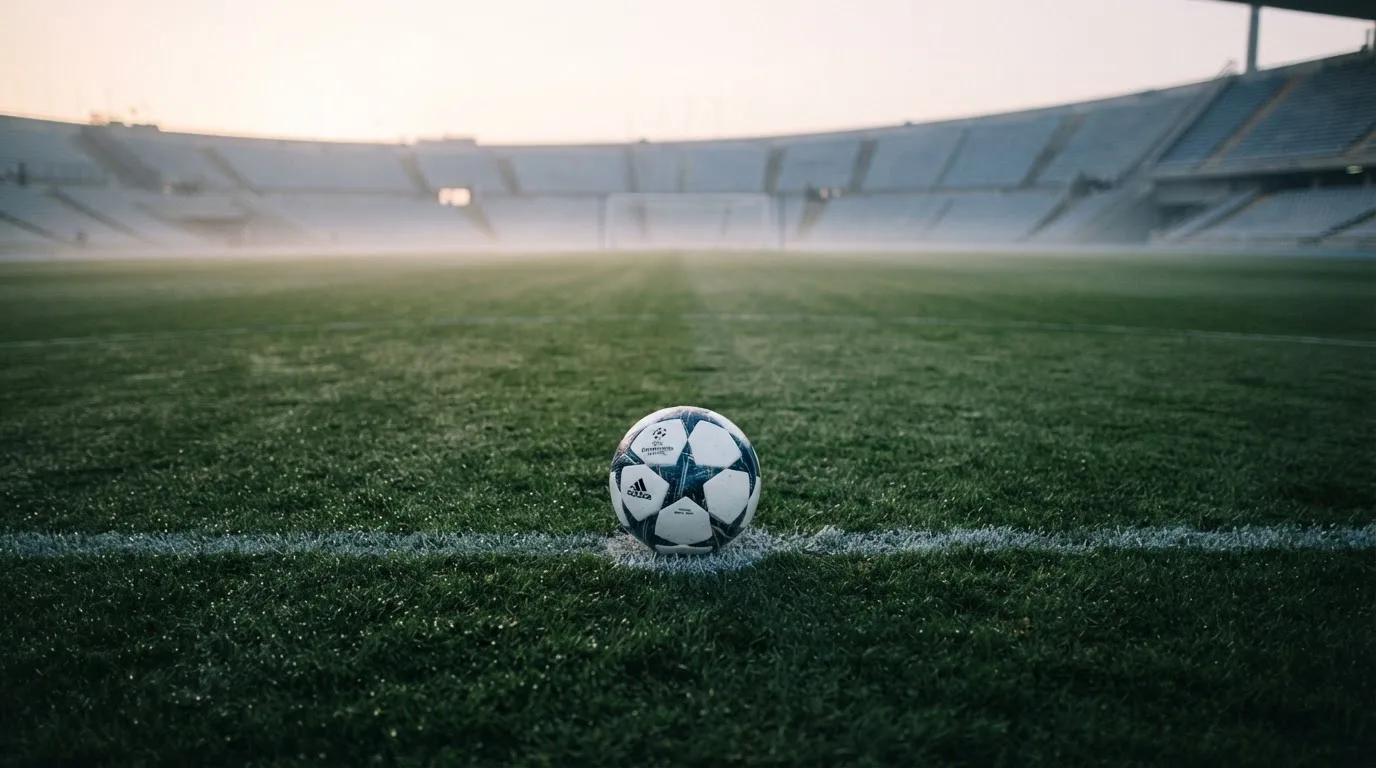 Ein Fußball liegt auf dem Anstoßpunkt eines leeren Rasenplatzes im Morgendunst, im Hintergrund eine ferne Tribüne.