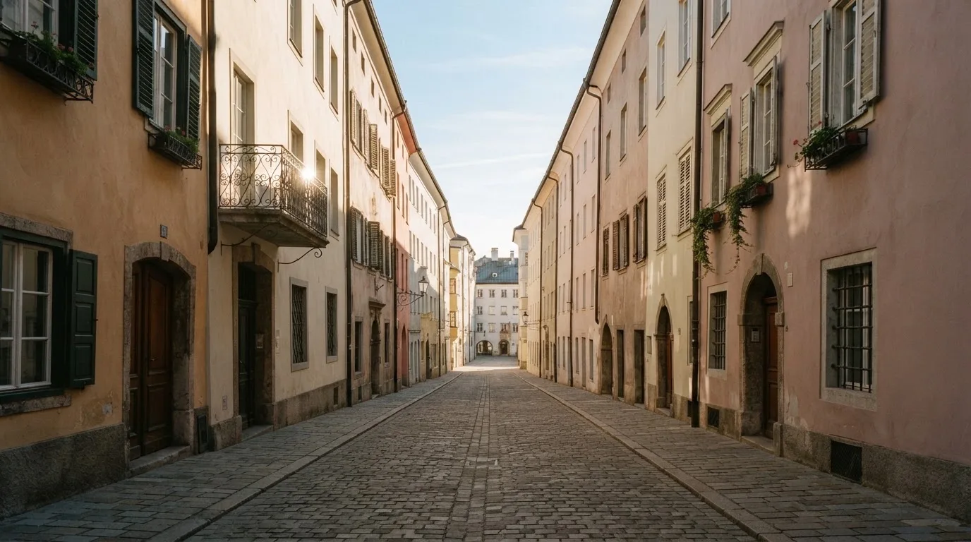 Ein ruhiger Straßenzug in einer Altstadt am Vormittag, helle Fassaden, keine Schilder, niemand ist zu sehen.