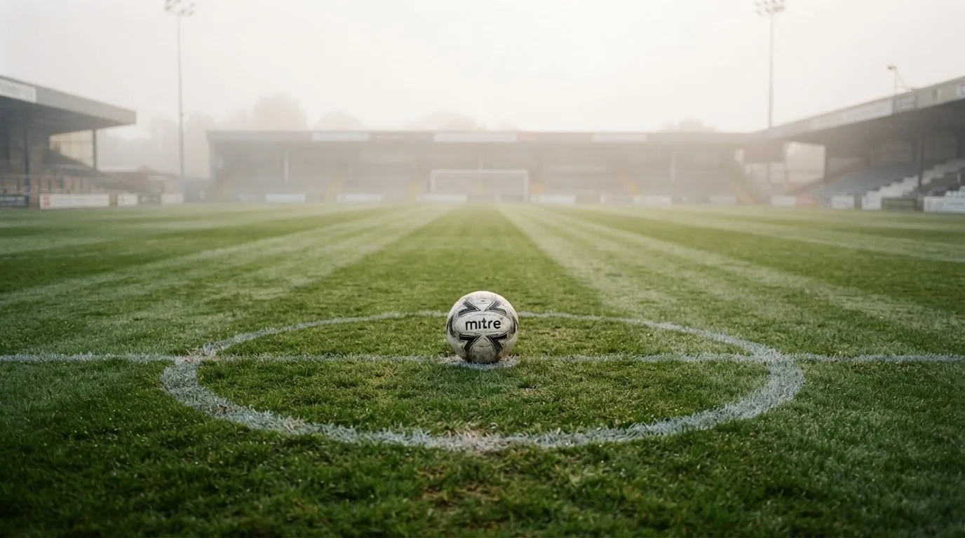 Ein Fußball liegt auf dem Anstoßpunkt eines leeren Rasenplatzes im Morgennebel, im Hintergrund verschwimmen die Tribünen.