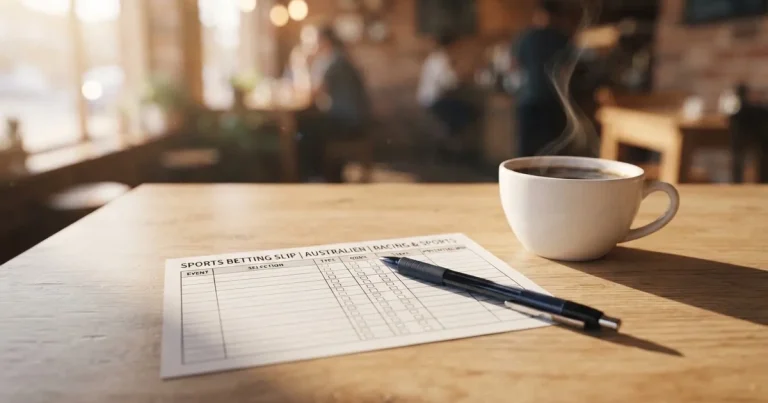 Ein leerer Wettschein aus Papier und ein Kugelschreiber liegen auf einem hellen Holztisch neben einer Kaffeetasse im warmen Seitenlicht.