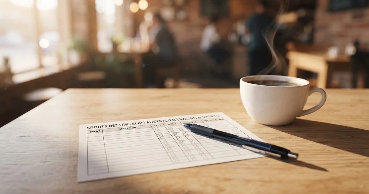Ein leerer Wettschein aus Papier und ein Kugelschreiber liegen auf einem hellen Holztisch neben einer Kaffeetasse im warmen Seitenlicht.