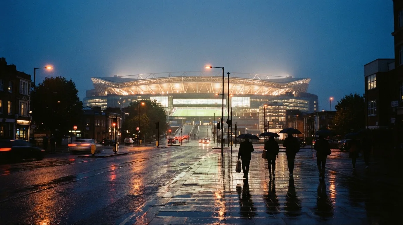 Ein Stadion unter Flutlicht aus großer Entfernung gesehen, davor eine nasse Straße in der Abenddämmerung.