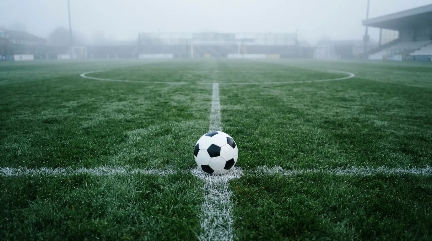 Ein Fußball liegt auf dem Anstoßpunkt eines leeren Rasenplatzes im Morgennebel.