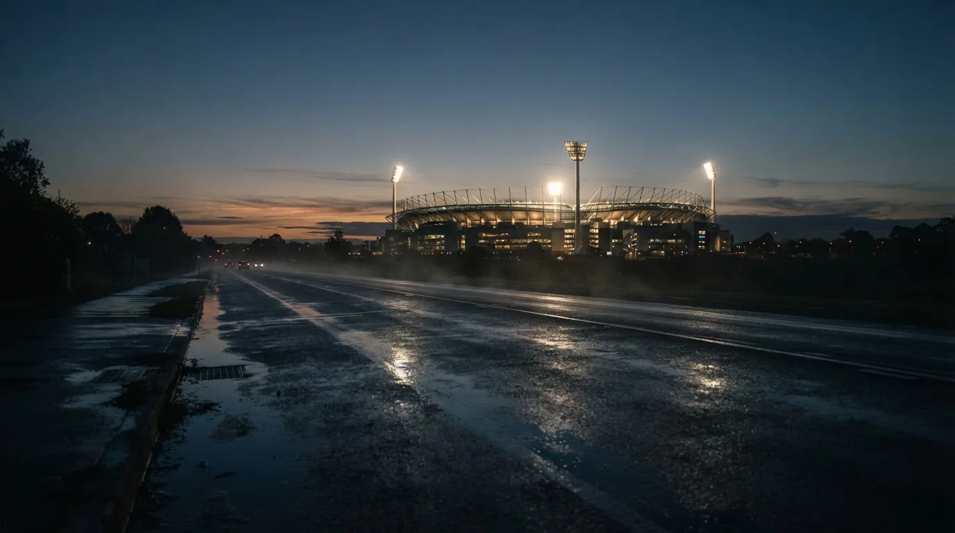 Ein Stadion unter Flutlicht aus großer Entfernung gesehen, davor eine regennasse Straße in der Dämmerung.