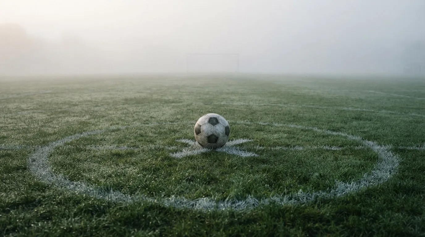 Ein Fußball liegt auf dem Anstoßpunkt eines leeren Rasenplatzes im Morgennebel.